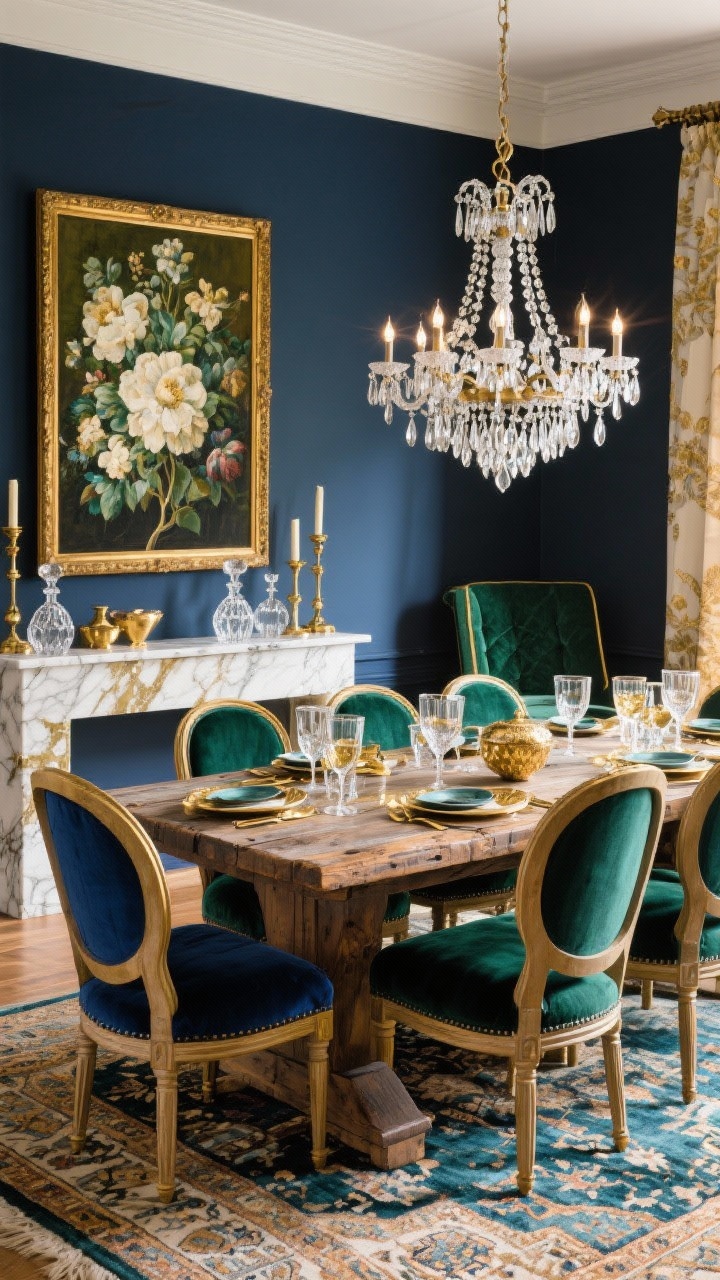 Wide rustic glam dining scene: distressed barnwood table paired with velvet dining chairs in deep emerald (or midnight blue), sparkling crystal chandelier overhead, vintage Turkish rug layered beneath, gold-rimmed glassware glinting, marble-and-brass console along the wall with crystal decanters and brass candlesticks, oversized floral art in gilded frames; palette emerald or navy, warm wood, antique gold, cream; dramatic, luxurious lighting.