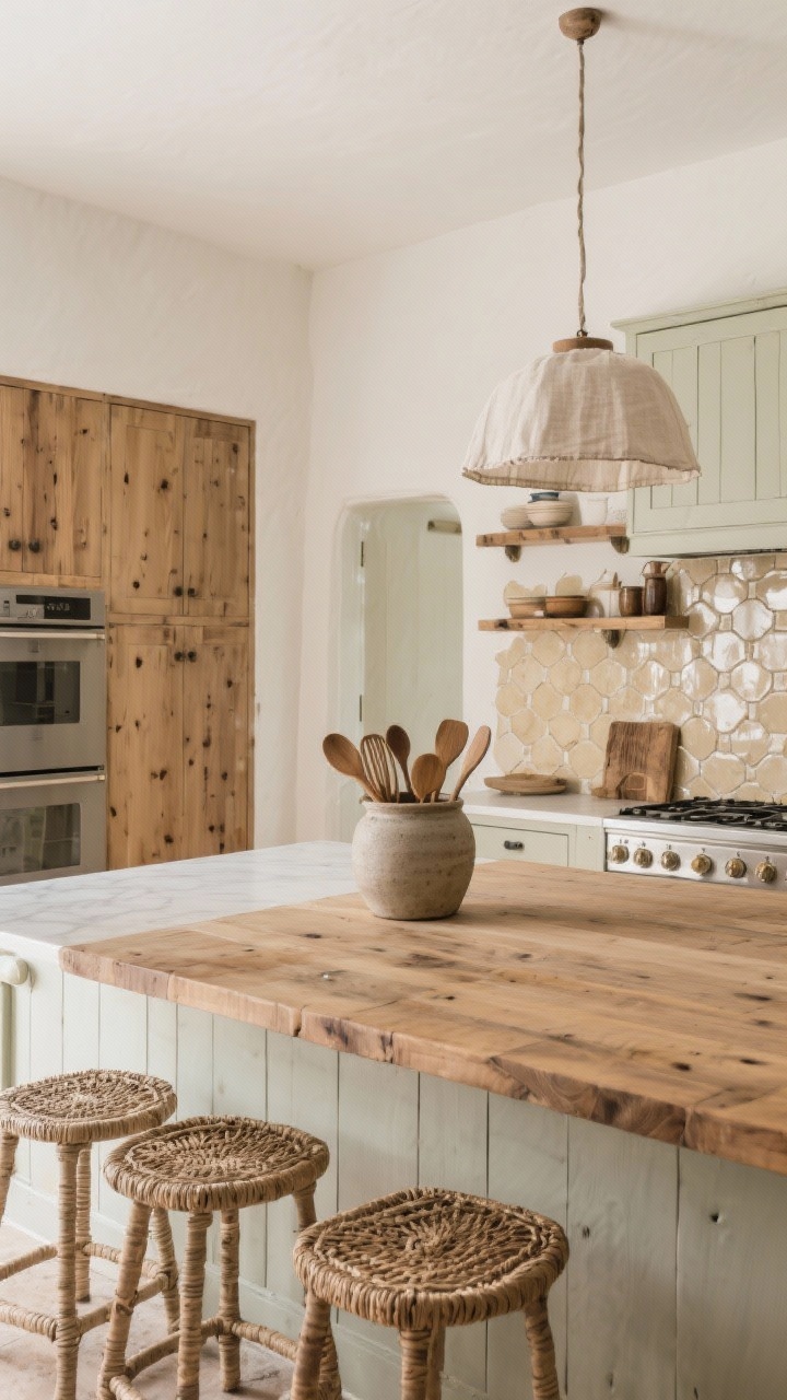 Wide rustic hygge kitchen with limewashed off-white walls and oiled oak cabinets showing visible grain, chunky solid wood butcher-block island, handmade cream zellige tile backsplash with uneven glossy surfaces, woven-seated stools, a large stoneware crock filled with wooden utensils on the counter, a softly glowing linen pendant overhead; panel-ready or muted stainless appliances blending in; tactile, cozy ambiance.