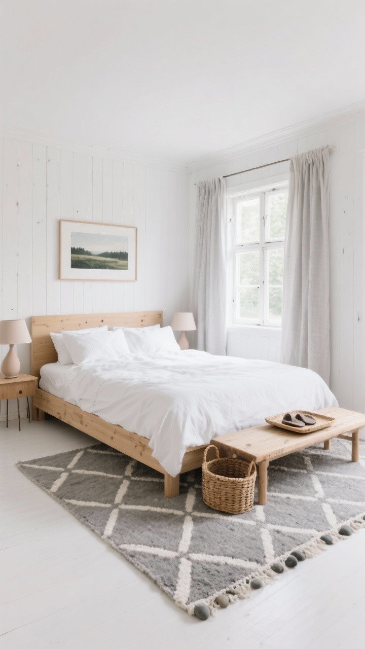 Wide Scandinavian farmhouse bedroom: bright white walls, blond light-oak bed, simple white cotton bedding, Scandi geometric rug in pebble gray, pale clay lamps, minimal decor—a single landscape art piece, woven tray on bench, basket for slippers by the bed; linen blackout curtains framing a window; palette white, birch, pebble gray; clean daylight; straight-on, uncluttered composition.