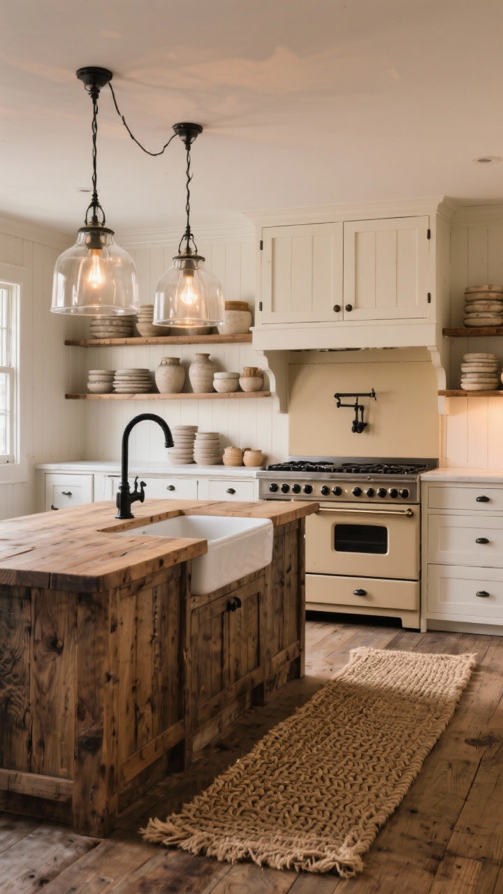Wide shot: A heritage farmhouse kitchen with reclaimed oak shaker cabinetry, warm white walls, a large apron-front sink, matte black hardware, and a chunky butcher-block island. Oversized glass pendants cast warm light over a biscuit-colored range. Stacks of stoneware sit on open shelves, and a braided jute runner stretches across aged wood floors. Photorealistic, early evening glow, straight-on perspective.