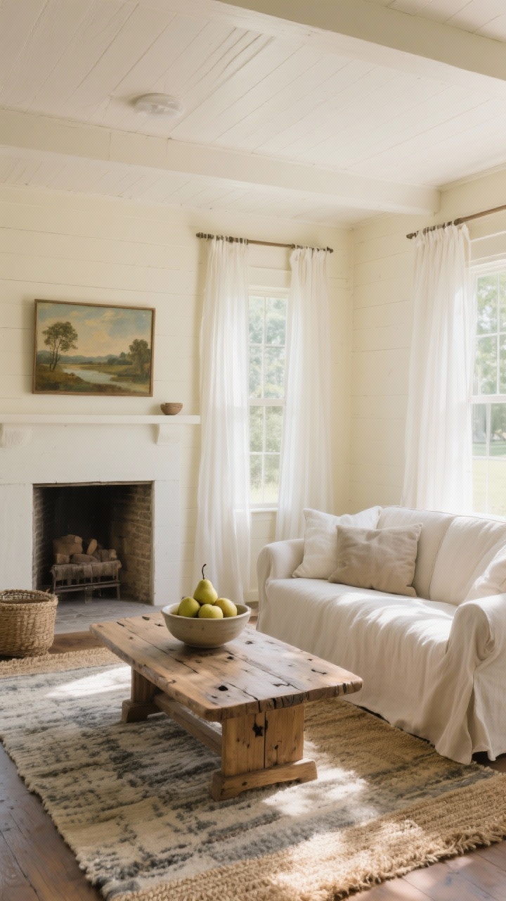 Wide shot: A sun-washed farmhouse living room with buttery cream walls, a slipcovered linen sofa, and a chunky aged-oak coffee table showing visible grain and knots; layered rugs with a coarse jute rug under a softer vintage wool rug; an antique landscape painting above a simple fireplace; white cotton panel curtains that are sheer and barely-there; ceramic bowl of fresh pears on the table; palette of cream, wheat, and driftwood gray; soft afternoon natural light, photorealistic.