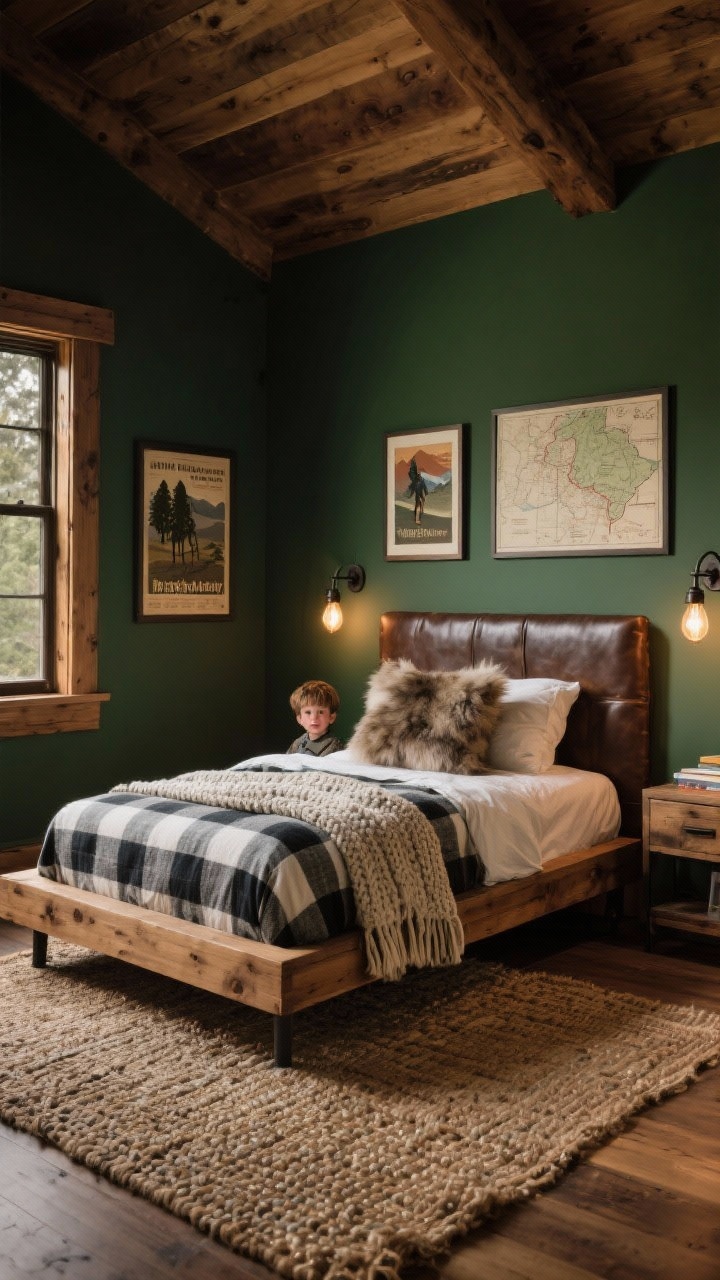 Wide shot: A warm mountain lodge-inspired boy’s bedroom with cedar-toned wood accents, a deep forest green accent wall, and a simple wood platform bed with a leather headboard. Bed is layered with buffalo check plaid bedding, a chunky knit throw, and a faux fur pillow. Woven jute rug underfoot, iron sconces provide soft reading light, and framed national park posters plus a vintage hiking map on the walls. Palette: forest green, charcoal, walnut, cream. Photorealistic, evening glow from sconces.