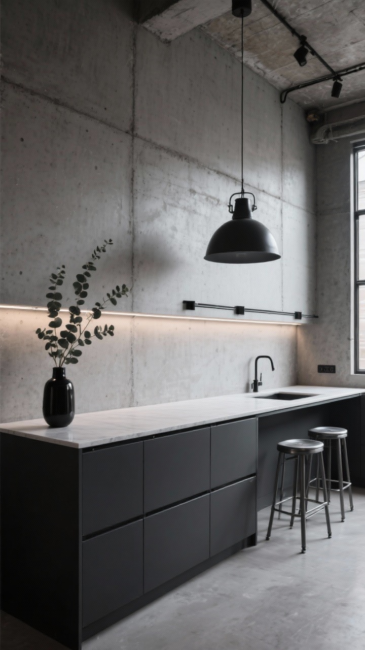 Wide shot, angled loft perspective: Urban minimal kitchen with charcoal base cabinets, concrete-look quartz counters, and a full-height slab concrete or microcement backsplash wall running to the ceiling. Thin matte black hardware, linear LED under-cabinet strip casting crisp task light. Steel stools and one oversized industrial pendant. A black vase with eucalyptus stems subtly softening the scene. Moody, architectural.