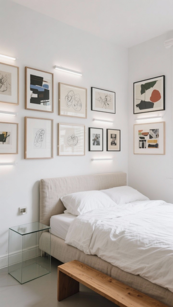 Wide shot, Art-Lover’s Gallery Room: a small bedroom with gallery-white walls featuring a salon-style gallery above a simple flax linen upholstered bed. Mixed artworks—sketches, abstracts, small photo prints—in varied frames arranged tightly, lit by slim picture lights/LED bars. Minimal furniture: a slim oak bench at the foot of the bed and a glass-top nightstand that visually disappears. Bedding kept calm in white and natural linen; balanced, art-forward mood; no people.