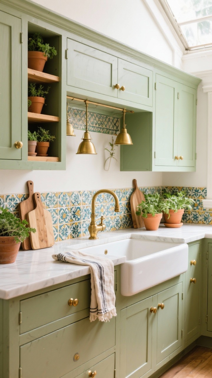 Wide shot, Artist’s Greenhouse Kitchen: sage shaker cabinets, open white oak shelves with brass library lights above, handmade zellige tile backsplash, terracotta pots of herbs, wooden cutting boards, linen tea towels, farmhouse sink, vintage runner, brass pot filler; aged brass cup pulls and knobs; bright greenhouse daylight with soft reflections on tile.