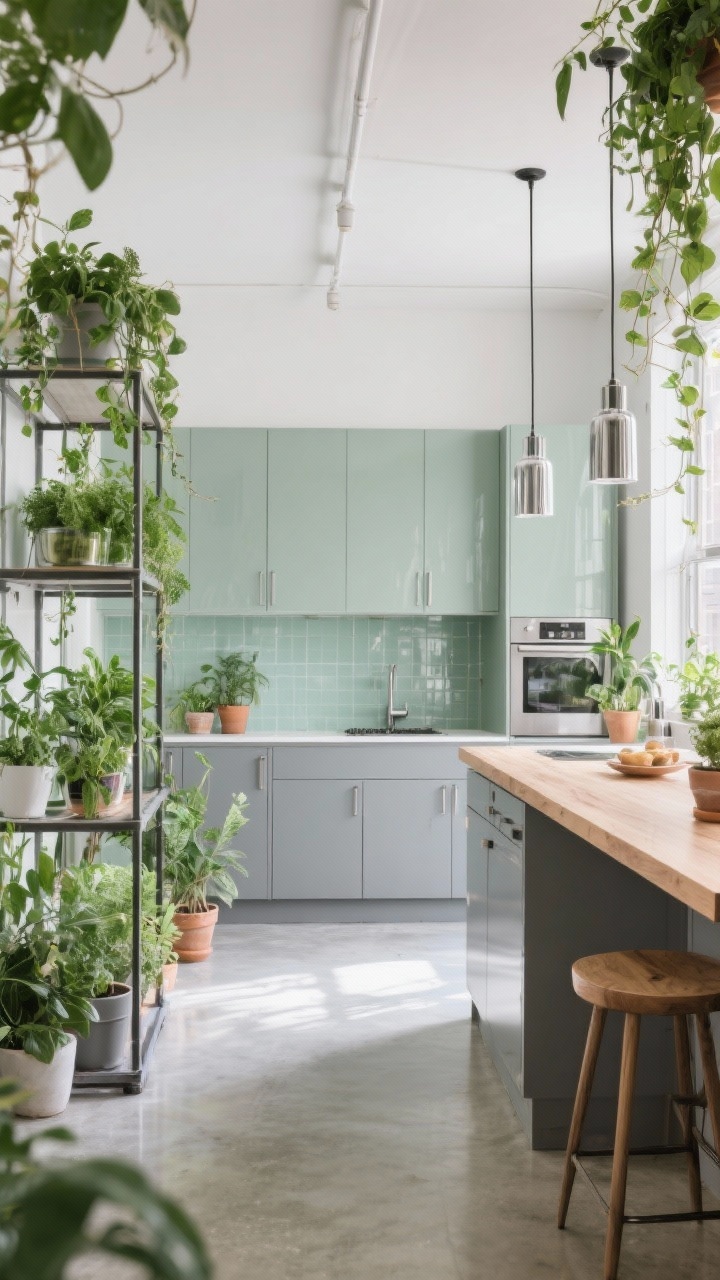 Wide shot, bright and serene: Polished concrete floors with soft gray cabinets and a pale sage back-painted glass backsplash; a steel-framed greenhouse shelf filled with fresh herbs; slender tube pendants and chrome appliances bouncing light; a slim oak breakfast bar adding warmth; abundant potted plants and trailing vines, daylight-flooded urban-jungle feel, photorealistic.