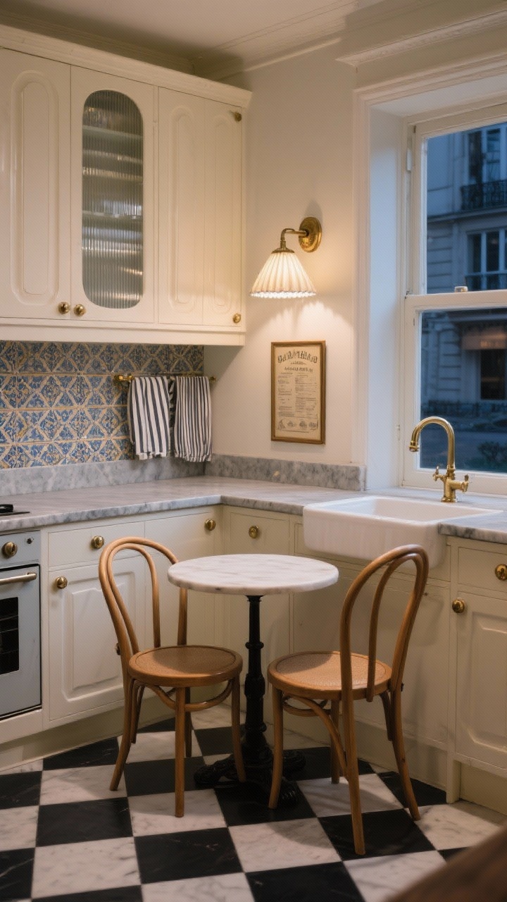 Wide shot, café-inspired straight-on: Parisian chic tiny kitchen with cream cabinets, fluted glass uppers, soft gray stone counters, and a black-and-white checkerboard floor. Aged brass knobs and a curved bridge faucet gleam subtly. A petite bistro table with two bentwood chairs sits by the window. A wall-mounted sconce with a pleated shade casts a romantic glow above the sink. Zellige-style backsplash tile with hand-made shine, striped café towels, and framed vintage menu art complete the scene. Photorealistic, evening ambiance.