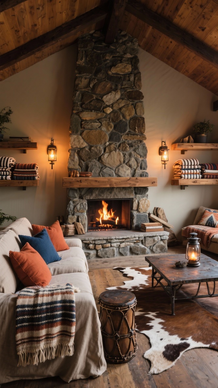 Wide shot, Campfire Cozy Family Room: stone fireplace as focal point with floating wood shelves on both sides, stacks of striped wool blankets, deep linen slipcover sectional with pillows in terracotta, indigo, and cream, cowhide rug, forged iron coffee table and drum side table, lantern-style sconces for a campsite flicker; dim, warm, layered lighting for cozy evening.