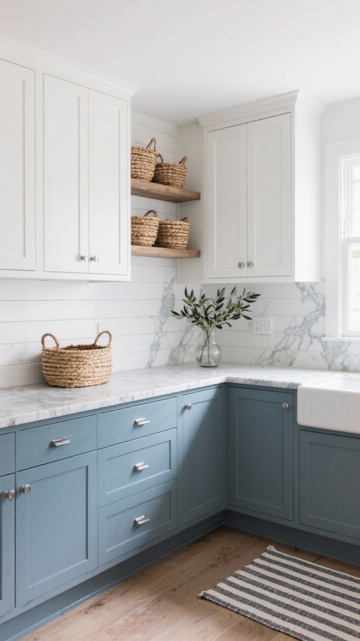 Wide shot, coastal ambiance: Blue-gray lower cabinets paired with white uppers, brushed chrome hardware, and a marble-look quartz countertop with soft watery veining. Horizontal white shiplap backsplash for subtle texture. Woven baskets on open shelving, a striped runner on the floor, and a clear vase of olive branches. Breezy but refined, daylight-filled.