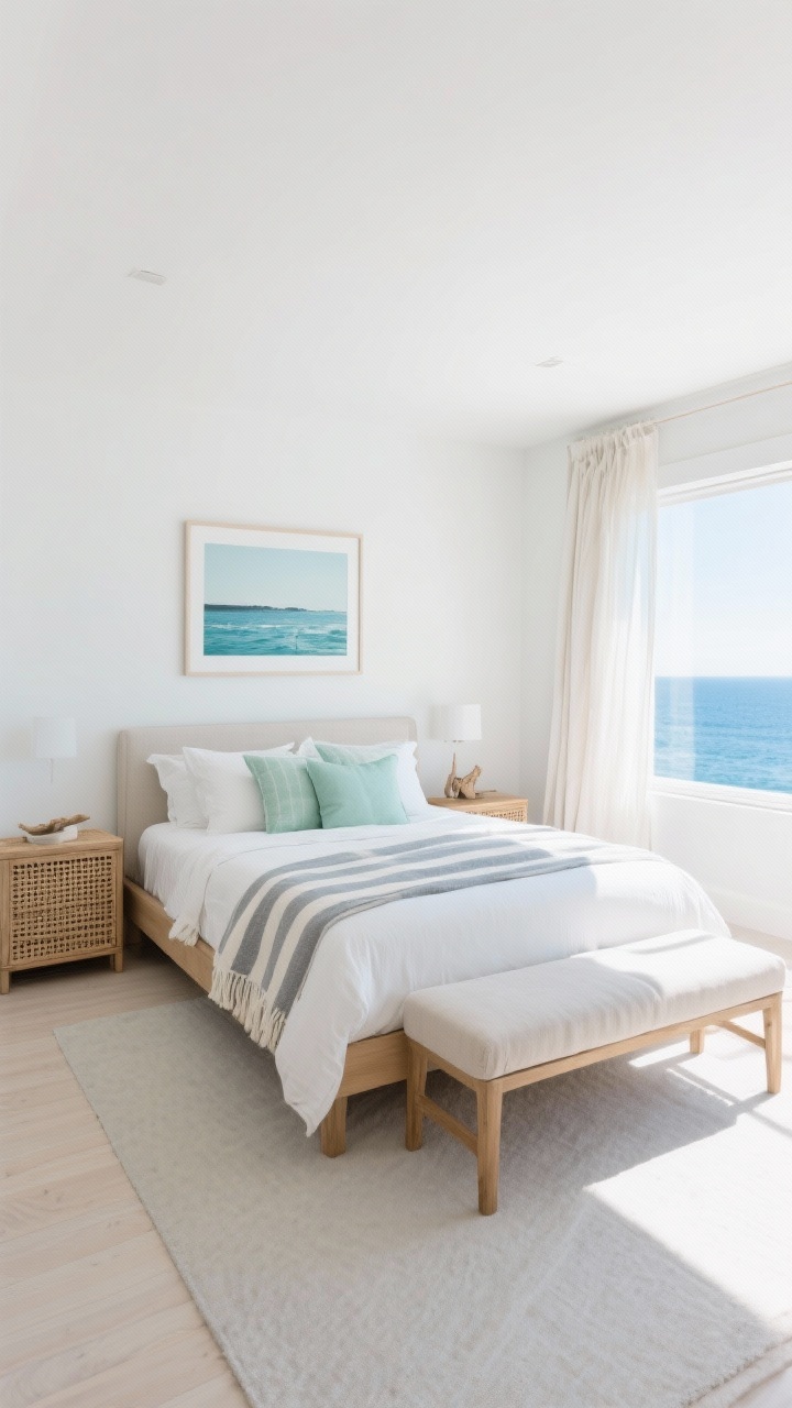 Wide shot, Coastal Calm With Contemporary Lines: Light-filled room with crisp white walls; soft blues, sea glass greens, and driftwood grays; light oak bed; woven cane nightstands; linen-upholstered bench at the foot; gauzy curtains moving gently; a striped throw on the bed; framed ocean photography; bright coastal daylight, slightly elevated angle.