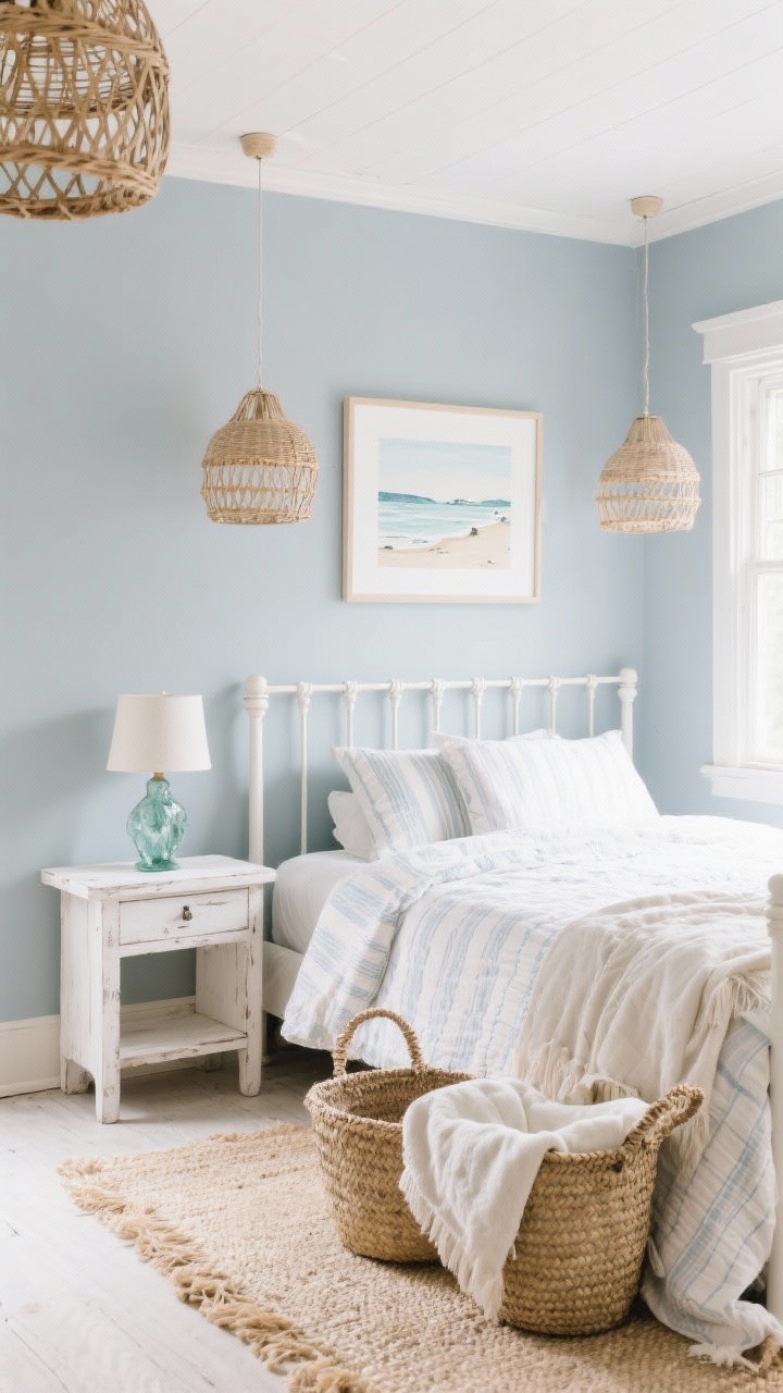 Wide shot, Coastal Cottage Comfort: misty blue-gray walls, a white spindle bed layered with striped sheets and a light quilt. Rattan pendants hang over woven baskets at the foot for extra blankets. A sea glass lamp sits on a small whitewashed wood table, with an artful beach sketch framed simply on the wall. Textures of linen, cotton, and seagrass are evident; color story of seafoam, white, and sandy beige; bright, fresh natural daylight; no people.