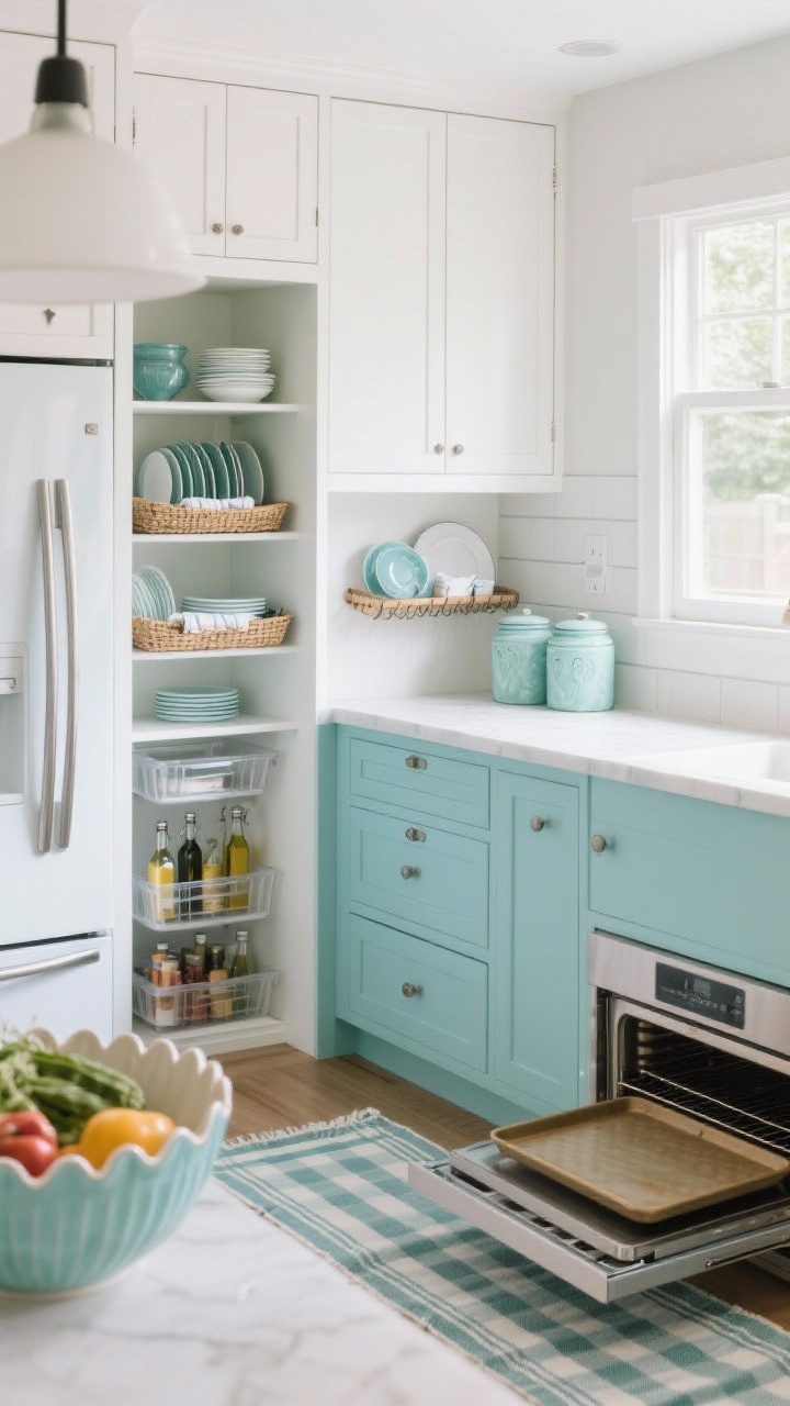 Wide shot, Coastal Fresh: soft blue-green lower cabinets, white uppers; sea-glass toned canisters on counter; plate rack displaying everyday dishes; woven trays holding napkins; pantry niche with narrow risers and a lazy Susan for oils and condiments; clear fridge bins visible through an open door; slim pull-out beside oven for baking sheets; striped runner and a scalloped-edge bowl with produce; airy daylight, photorealistic.