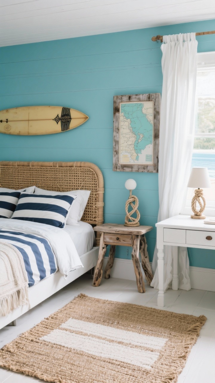 Wide shot: Coastal surf-shack bedroom with sea-glass blue walls, white furniture, and woven textures. Rattan headboard, striped navy-and-white bedding, driftwood-style nightstand. Surfboard mounted as wall art above a simple white desk. Layered jute and cotton rug, white curtains catching coastal light, weathered wood mirror. Nautical knot doorstop, rope lamp, and a coastal map print add beachy details.
