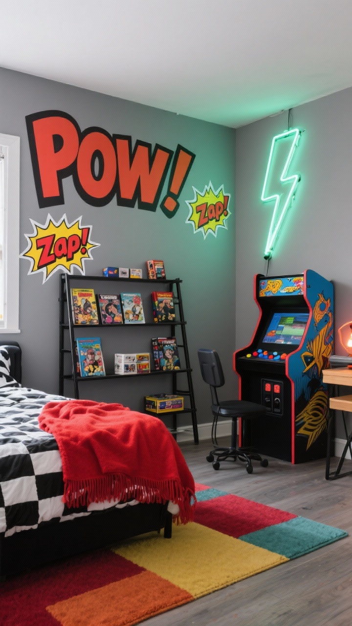Wide shot, Comic-Arcade Mashup: mid-tone gray wall with comic-style peel-and-stick decals reading “Pow!” and “Zap!” in bold pop-art fonts, wall-mounted arcade stick or mini retro cabinet, graphic black-and-white bedding topped with bright red throw, black ladder shelf displaying game cases and comic trade paperbacks, color-block rug on floor, neon lightning bolt light over the desk; vivid, playful lighting with neon glow, photorealistic, corner perspective.