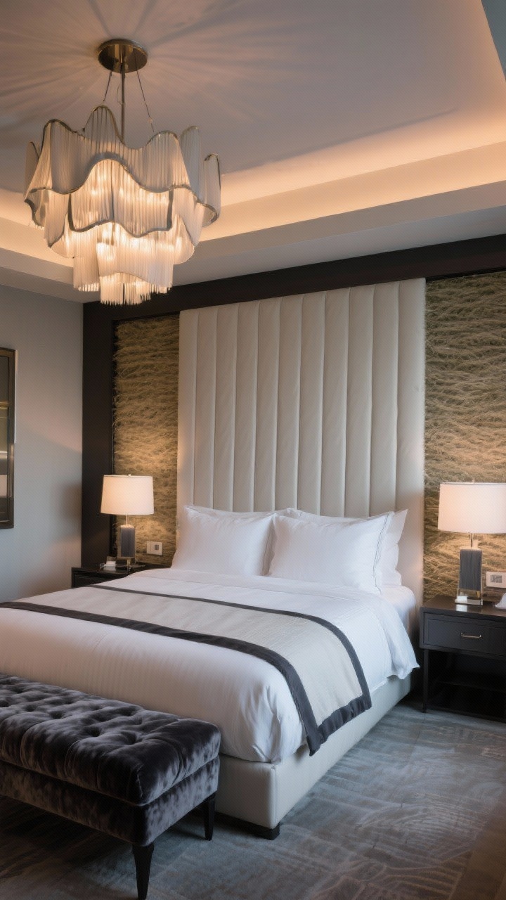Wide shot, Contemporary Hotel Suite Style: Polished, plush bedroom with a tall upholstered channel headboard; matching nightstands and symmetrical lamps for luxury symmetry; hotel-quality bedding, crisp white with charcoal border; velour bench at the foot; one wall in textured grasscloth; sculptural chandelier overhead; evening ambiance with layered lighting.
