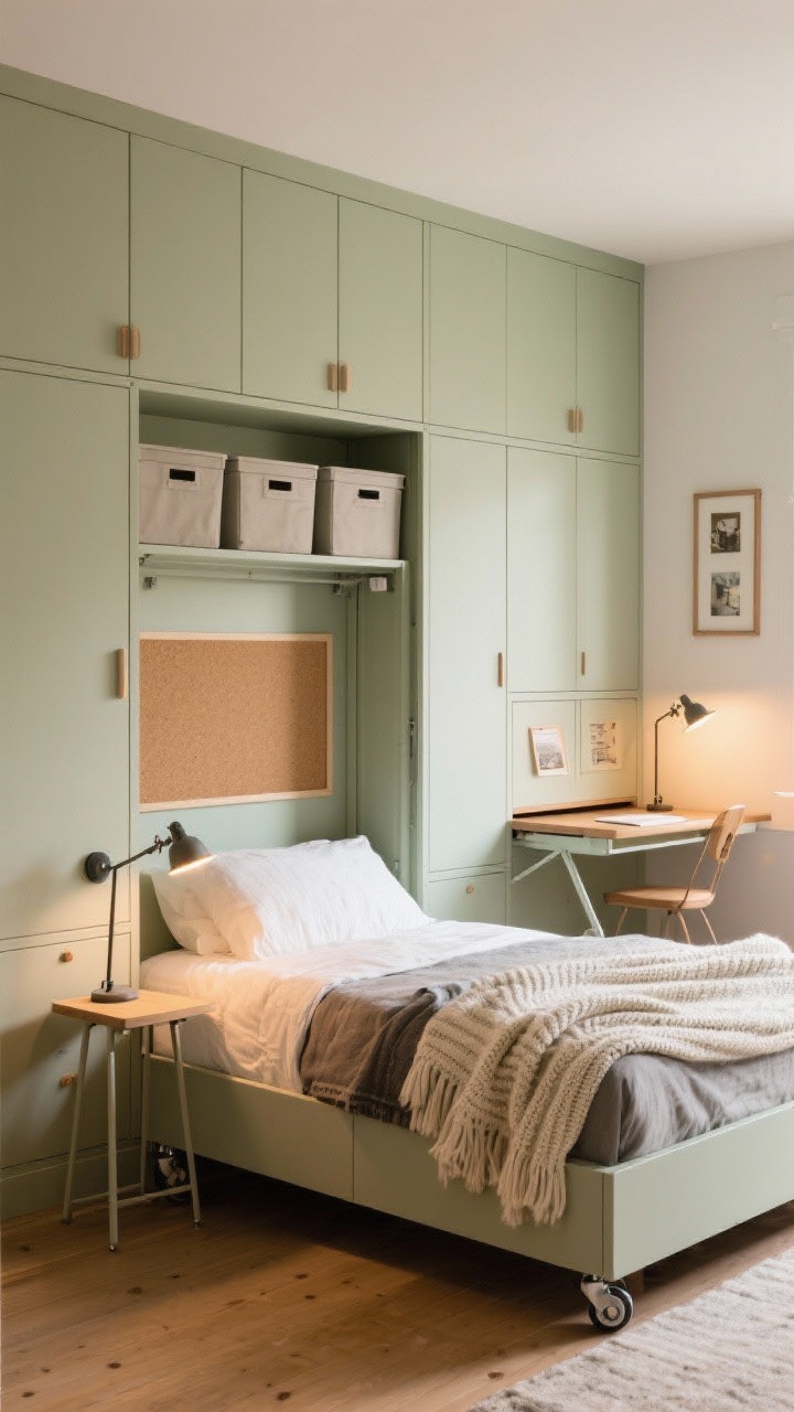 Wide shot, Convertible Craft-Guest Room: a wall of soft mushroom-painted cabinetry with an integrated Murphy bed, storage, and a fold-down desk. The bed is shown down with layered knit throws, a portable side table, and clip-on reading lights attached to the headboard. Closed bins and a corkboard gallery occupy adjacent storage bays; casters on movable pieces hint at flexibility. Cozy yet organized, with warm task and ambient lighting; no people.