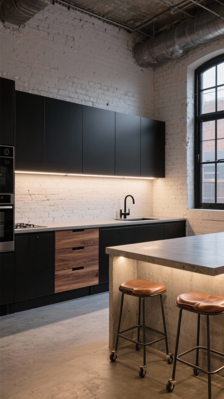 Wide shot, corner angle: An industrial loft kitchen with matte black steel cabinets paired with warm walnut slab drawer fronts, a thin concrete countertop, and whitewashed brick walls with black aluminum window frames; a low, streamlined island on casters with leather bar stools on steel frames; long linear LED strip lighting glowing under upper cabinets; brushed black faucets, soft evening light casting gentle shadows, photorealistic, no people.