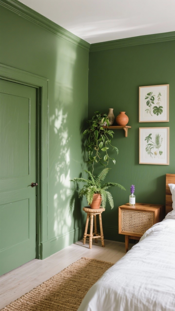 Wide shot corner angle of a botanical green sanctuary: walls, trim, and door painted herbaceous green for a cocoon effect. Oak bed with off-white bedding, rattan nightstands, stool plant stand holding a floor fern, a trailing pothos on a shelf, and botanical prints on the wall. Earthy ceramics, terracotta accents, and a sisal rug. Place a small bottle of lavender pillow spray on the nightstand. Natural daylight with gentle shadows.