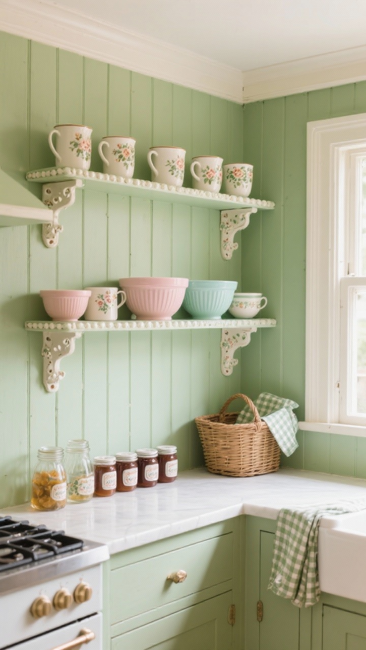 Wide shot, cottage style: Kitchen wall clad in sage green beadboard from counter to ceiling with painted warm-white beaded-edge shelves on vintage-style ceramic brackets. Display floral mugs, pastel mixing bowls, a row of jam jars, a wicker basket, and a gingham tea towel draped casually. Bright, cheerful daylight, cozy cottage freshness, no people.