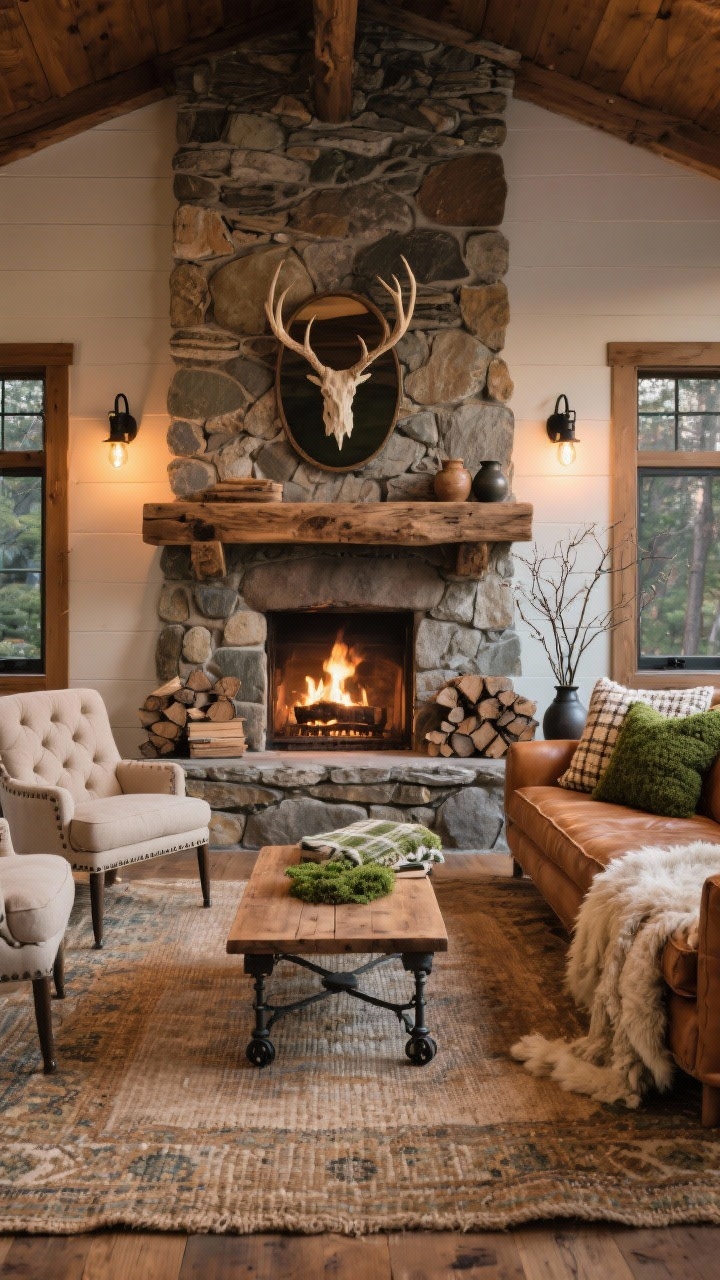 Wide shot, Cozy Cabin Chic living room: floor-to-ceiling fieldstone fireplace with a chunky reclaimed timber mantel as the focal point, camel leather sofa facing the fire layered with wool plaid throws and oversized knit pillows, mossy green accents, warm taupes, and creamy off-white walls; low solid wood coffee table on iron casters, pair of tufted linen chairs, sheepskin draped over a bench; jute rug layered under a vintage Persian; black iron sconces flanking the hearth with warm Edison bulbs, antler-inspired mirror above mantel, stacked firewood and pottery vases with branches; evening glow, photorealistic, no people.