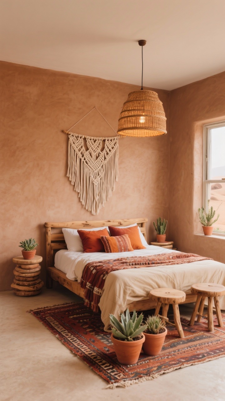Wide shot, Desert Boho Haven: clay-toned walls and a natural wood bed with creamy bedding layered with rust and ochre pillows. A kilim runner at the foot, terracotta pots with succulents on the floor and windowsill, and a macramé wall hanging above the headboard. A rattan drum pendant provides warm ambient light. A stack of low stools replaces a nightstand; earthy, relaxed atmosphere; no people.