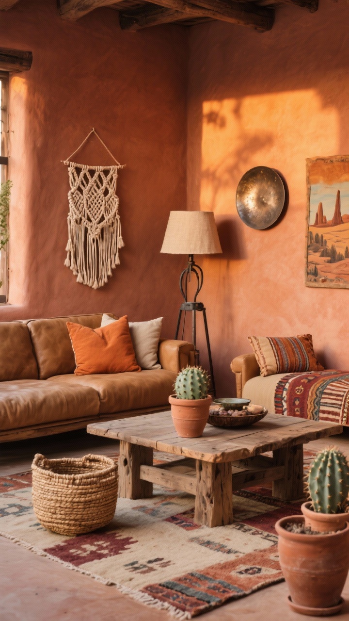 Wide shot, Desert Nomad Living Room: earthy terracotta walls, low-profile camel leather sofa on a faded kilim rug, chunky reclaimed-wood coffee table, pillows in ocher, rust, and sand, woven baskets, prickly pear cactus in clay pots, macramé wall hanging, vintage desert art, hammered metal trays; warm evening glow from an iron floor lamp with a linen shade; photorealistic, sun-drenched Southwest mood.