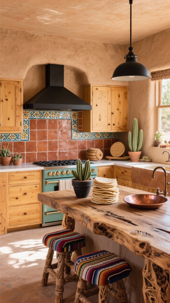 Wide shot: Desert ranch kitchen with clay-plaster walls, rust-toned terracotta tiles, and honey-maple cabinets. A hand-painted Talavera tile backsplash in cinnamon and teal frames the range. Woven serape textiles on stools, a carved mesquite island, matte black fixtures, potted cacti, a stack of tortilla presses, and a hammered copper sink. Photorealistic, warm sunlit afternoon, corner angle.