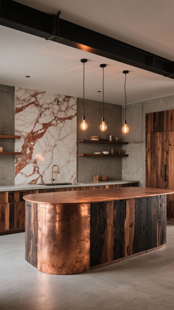 Wide shot, dramatic focal island: A copper-wrapped island with soft patina and rounded corners as the centerpiece; surrounding shou sugi ban (charred wood) lower cabinets and concrete-look upper shelves; a slab marble backsplash with russet veining echoing the copper tones; bare Edison bulbs hanging from a blackened steel beam; warm metallic glow, rich contrast, photorealistic.