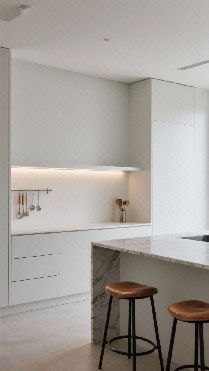 Wide shot emphasizing floating illusion: wall with no lower cabinets, only a thin floating shelf with integrated LED strip and a single wall-mounted rail holding minimal utensils; clean-lined island with hidden drawers and a waterfall quartz edge as main storage; walls and ceiling painted the same color for seamless envelope; stools with thin black metal frames and natural leather seats; airy, minimal; low, slightly off-center perspective.