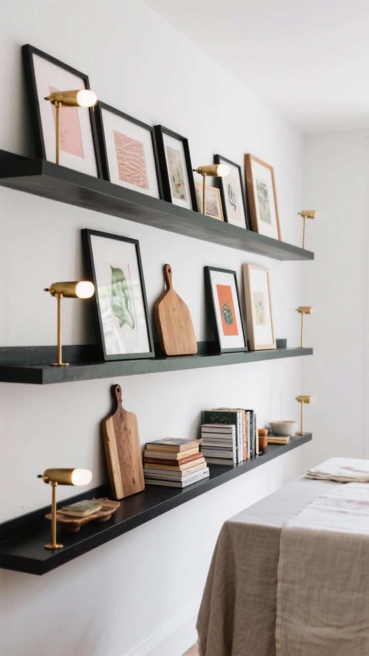 Wide shot, gallery feel: Deep matte black picture ledge shelves on a clean white wall, layered with framed prints, leaning cutting boards, and stacked cookbooks. Slim brass gallery lights mounted above each ledge, casting a boutique glow. Mixed frame finishes—black, brass, wood—with accents in blush, rust, and olive echoed in linens. Refined, artful atmosphere, no people.