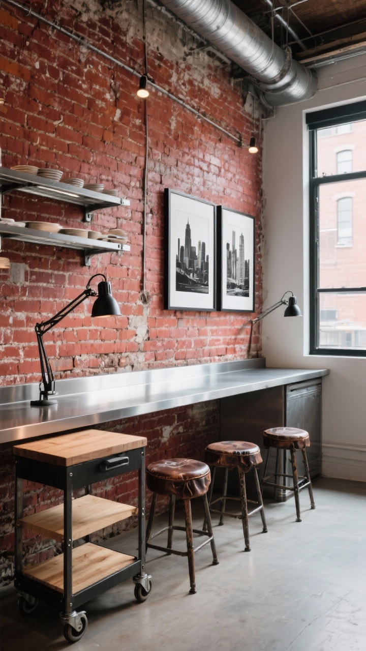 Wide shot, gallery perspective: A raw, streaky red brick wall sealed matte, with a slim stainless-steel worktop and open steel shelving above like a restaurant line; opposite wall features an art-led mini gallery of oversized black-and-white city photographs in black frames; a rolling butcher block cart, industrial articulating-arm sconces, and distressed leather stools; cool studio vibe, natural daylight from side windows, photorealistic.