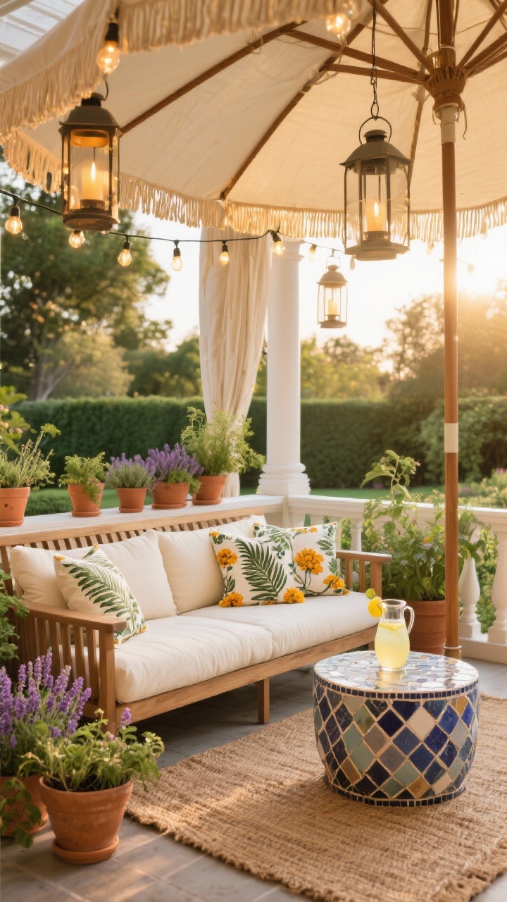 Wide shot, Garden-Party Veranda: slatted teak sofa with plush cream cushions, block-printed pillows in fern and marigold, layered outdoor jute rugs, bistro string lights overhead, terracotta pots filled with herbs and lavender, mosaic-tile side table with a pitcher of lemonade; canvas canopy or tasseled umbrella providing shade; hanging lanterns with flameless candles; golden hour glow.