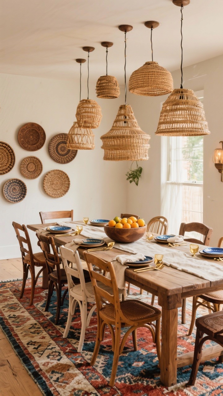 Wide shot, Global Gatherer Dining Room: long farmhouse table with mismatched wishbone chairs in varied wood tones, cluster of rattan pendants at different heights, layered Turkish rug, carved dough bowl filled with citrus on tabletop, woven wall plates arranged as art; palette of walnut, ecru, paprika, indigo accents; stoneware plates, linen napkins, brass flatware set for a gathering; warm ambient glow.