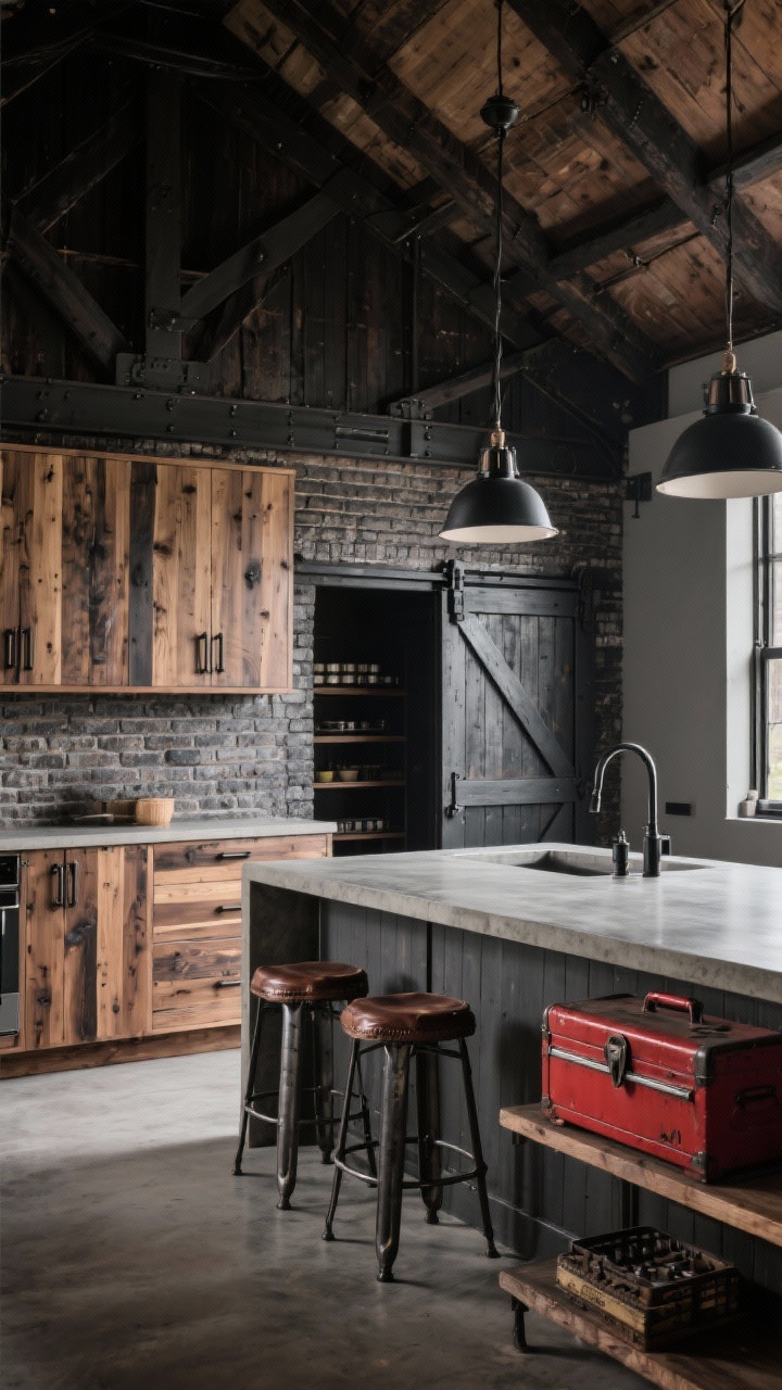 Wide shot: Industrial barn fusion kitchen with charred shou sugi ban wood cabinets, black steel hardware, poured concrete countertops, and a matte-sealed brick wall. Warehouse pendants over the island, a sliding barn door to the pantry, leather-and-metal stools, and a vintage red tool chest tucked under a shelf. Photorealistic, moody lighting with strong shadows, low angle.