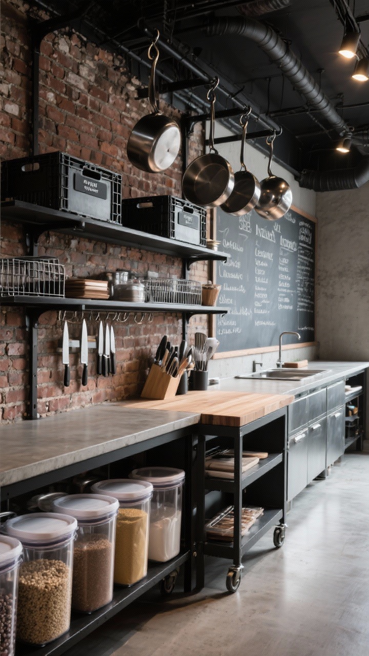 Wide shot, Industrial Edge: exposed brick wall, black steel open shelves, concrete-look counters; wire shelving with labeled crates; S-hooks suspending heavy pans; magnetic strips holding knives and metal lids; rolling butcher block cart with prep tools and storage below; lineup of clear restaurant-style containers for grains and flours; chalkboard panel noting inventory; strong directional light, gritty yet clean, photorealistic.