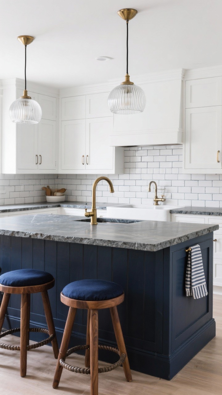 Wide shot, island-focused: Matte navy island front and center with honed soapstone countertop, surrounded by white perimeter cabinets. Brushed brass faucet at the island sink, polished chrome hardware on perimeter for mixed metals. Fluted glass pendants over the island, simple white subway backsplash with dark grout grid. Walnut stools with navy cushions, a striped tea towel echoing blue tones. Crisp, current.