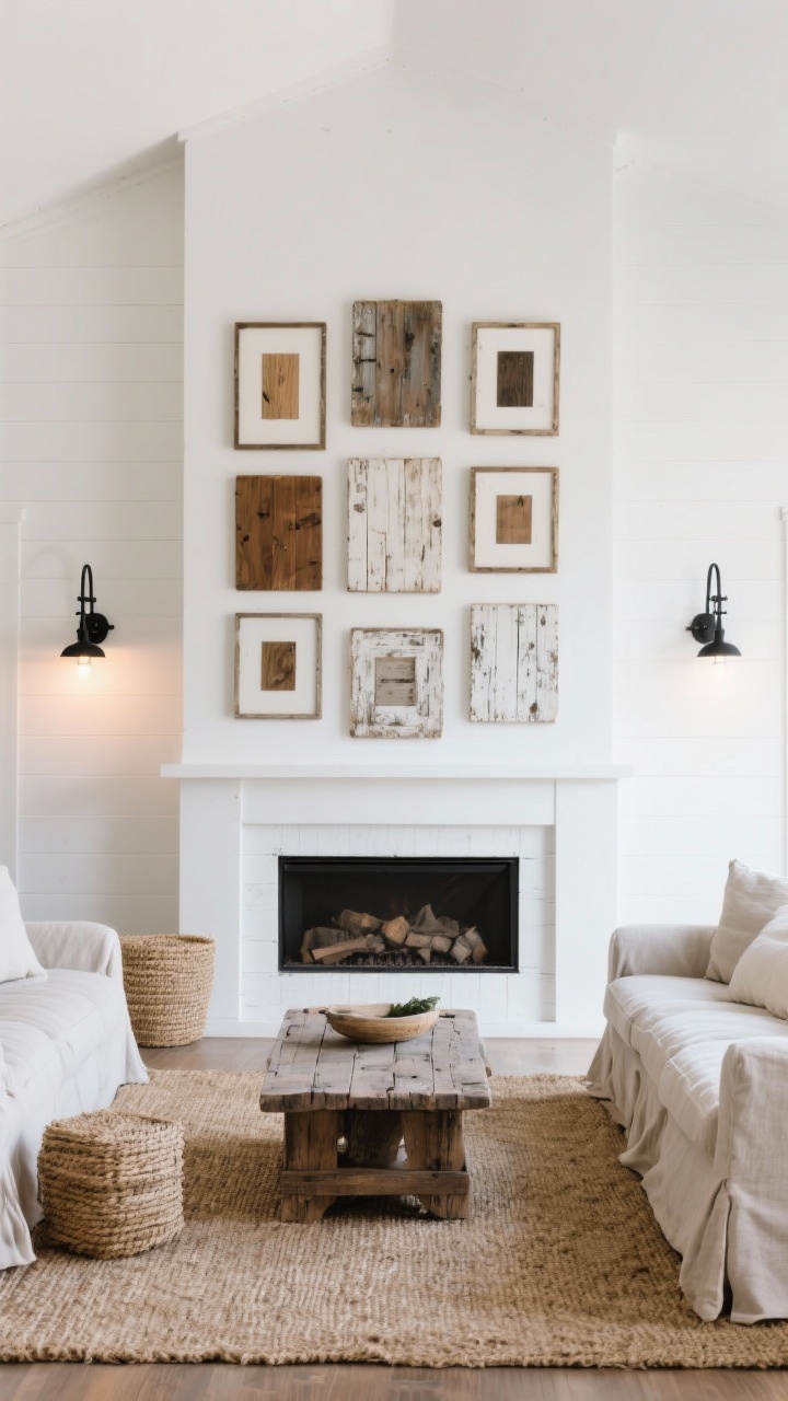 Wide shot, modern farmhouse living room: crisp white walls with a large, symmetrical gallery wall of distressed wood frames (oak, walnut, whitewash) clustered around a linear fireplace; linen slipcovered sofa, chunky jute rug, reclaimed-wood coffee table; black iron sconces flanking the gallery casting a warm evening glow; palette of white, soft greige, warm woods, black iron; textures of linen, jute, chippy wood, matte metal; photorealistic, straight-on view.