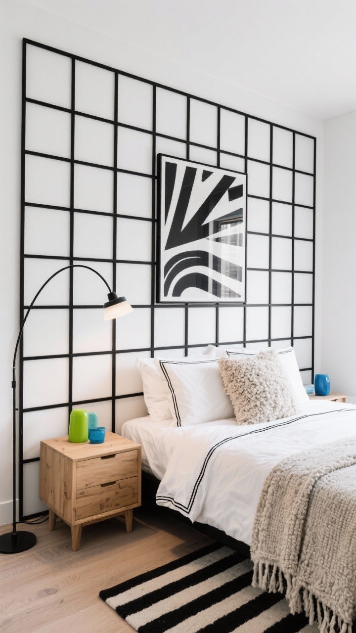 Wide shot: Modern monochrome bedroom with a large-scale black grid headboard wall drawn with thin, crisp lines on white. Bed dressed in crisp white bedding with black piping, light oak nightstand, cozy textured throw and a bouclé pillow. Bold graphic art on the wall, striped rug on the floor, arc floor lamp providing a soft ambient glow. Optional lime or cobalt accessories on the nightstand for a color pop. Palette: black, white, light oak.