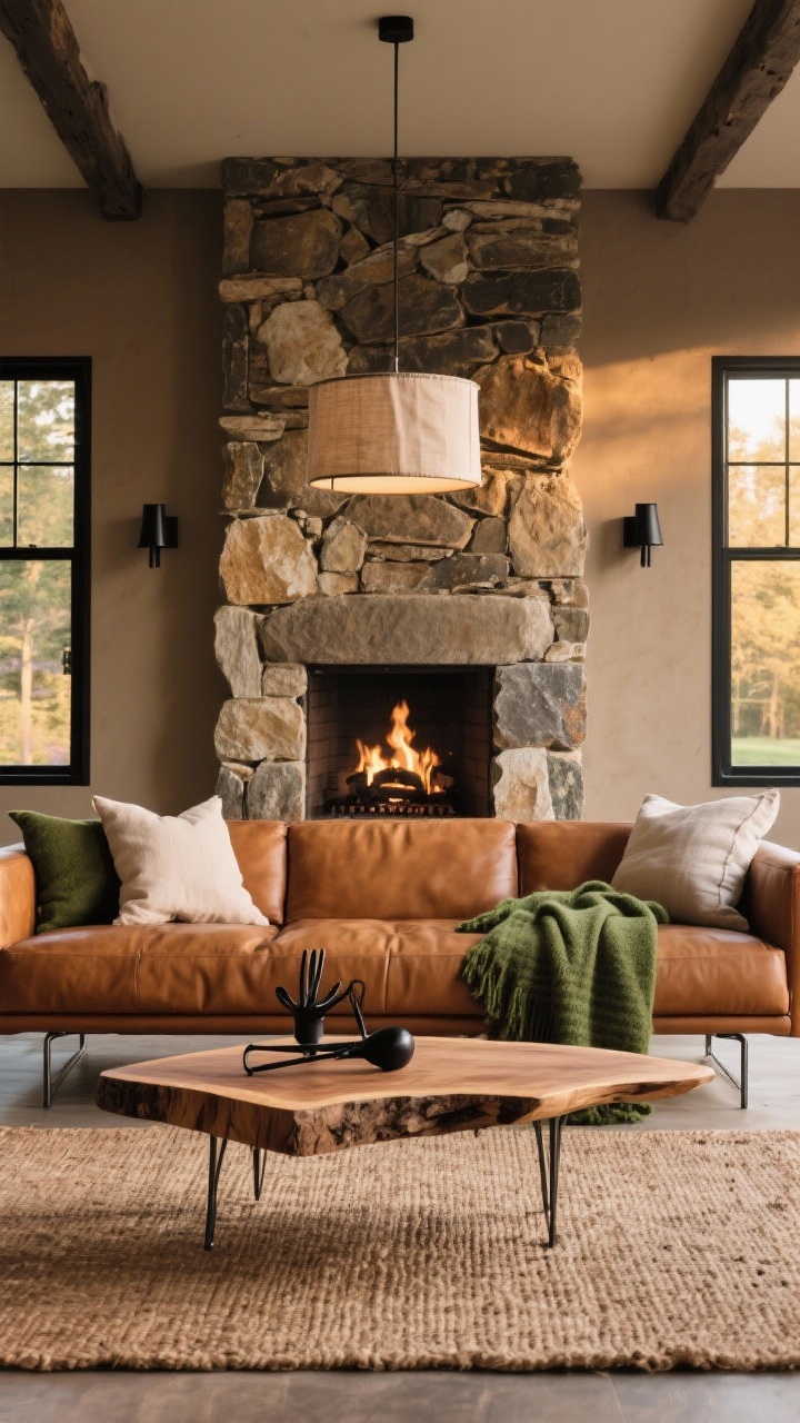 Wide shot, modern rustic living room centered on a floor-to-ceiling fieldstone fireplace; a long, low caramel leather sofa with slim metal legs faces a live-edge oak coffee table on a flatweave jute rug; warm taupe walls, charcoal window frames, matte black wall sconces, and a simple linen drum pendant casting a soft evening glow; add moss-green wool throw, oversized linen pillows, and black steel fire tools; photorealistic, cozy, golden-hour lighting.