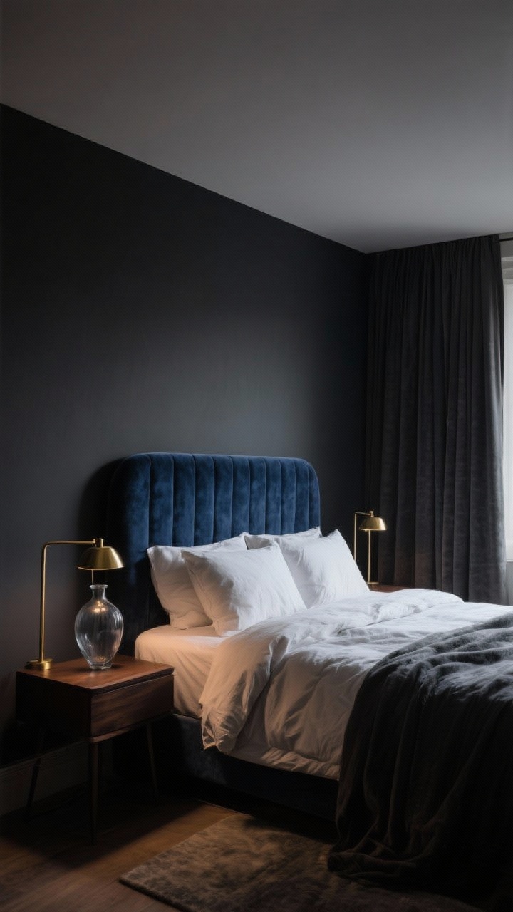 Wide shot, Moody Charcoal Cocoon: Deep charcoal-painted walls and layered, ultra-comfortable bedding; plush velvet headboard in midnight blue adding contrast; brass bedside lamps on dark wood nightstands; smoky glass vase as a subtle accent; heavy blackout curtains partially drawn; low, cozy evening lighting for a cocooned sleep-all-weekend vibe; straight-on composition.