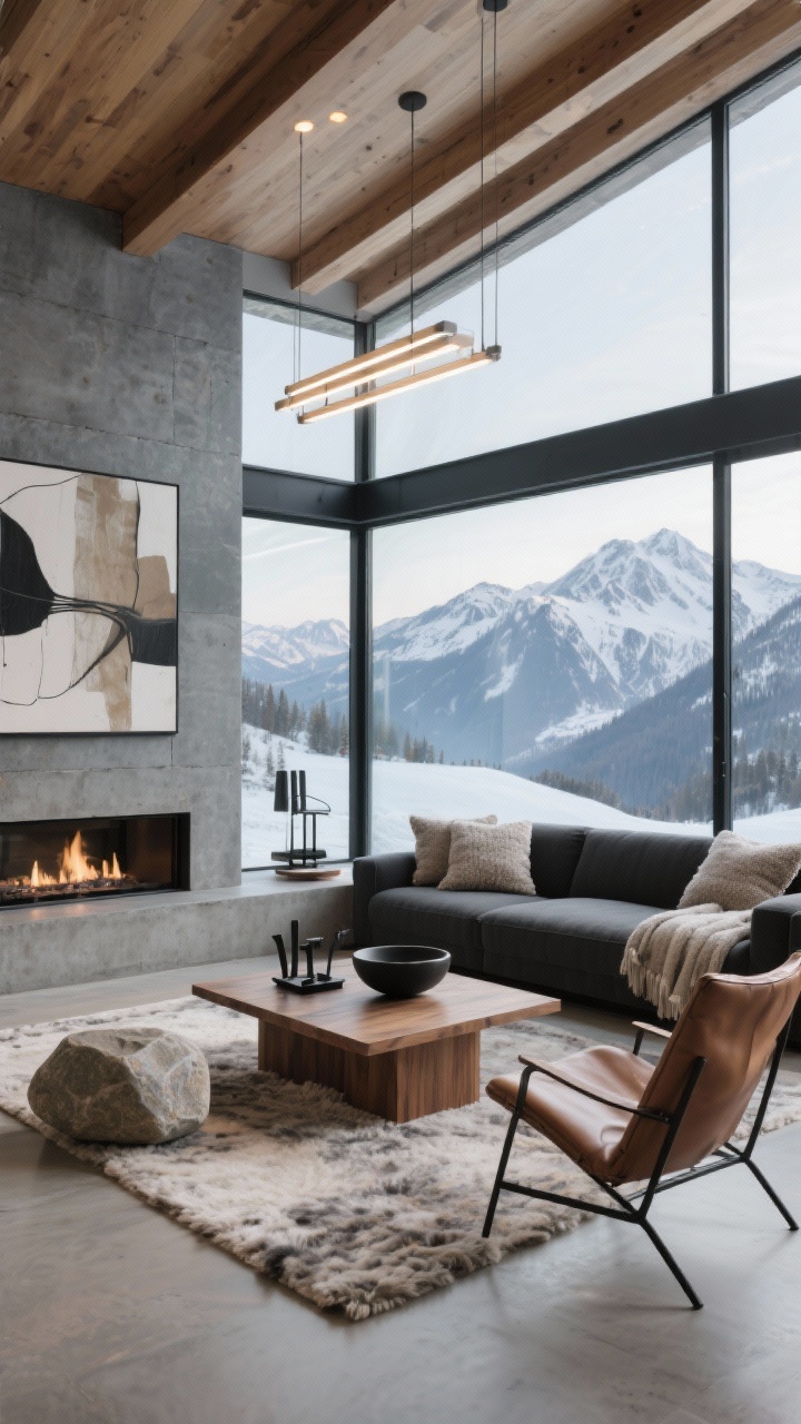 Wide shot, Mountain Modern with panoramic windows: slate, walnut, and snow palette; expansive glass walls framing mountain views; low charcoal sectional facing the scenery; concrete hearth with minimal blackened steel tools; walnut plinth coffee table and sling leather chairs; bouclé pillows, wool rug, felted throws; linear chandelier overhead, hidden LED uplighting washing the beams; minimalist decor with a stone bowl and large-scale abstract art; crisp, high-altitude daylight, photorealistic.