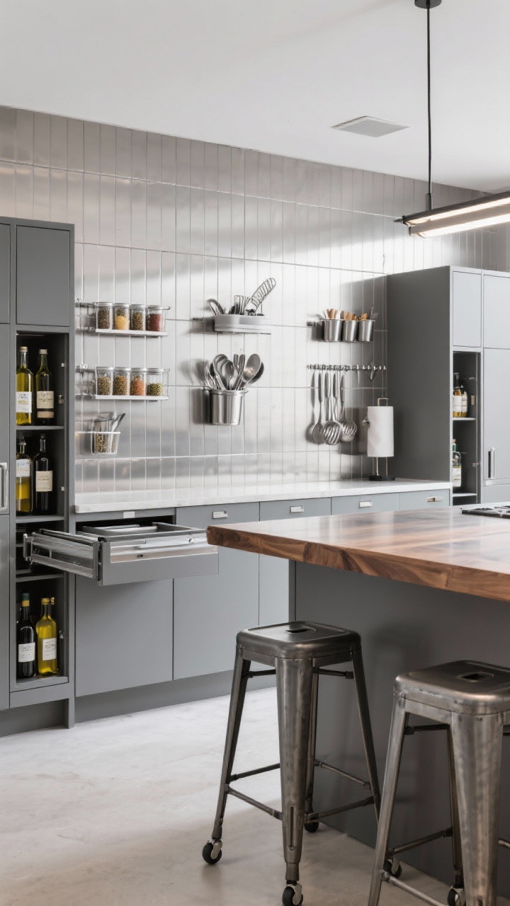 Wide shot of a chef’s wall: brushed stainless steel backsplash panel with a modular grid rail system clipped with spice racks, utensil cups, and paper towel arm; matte gray lower cabinets; narrow pull-out pantry towers slightly open showing oils and vinegars; steel-and-wood island on casters centered with two industrial stools featuring wipeable seats; bright functional task lighting.