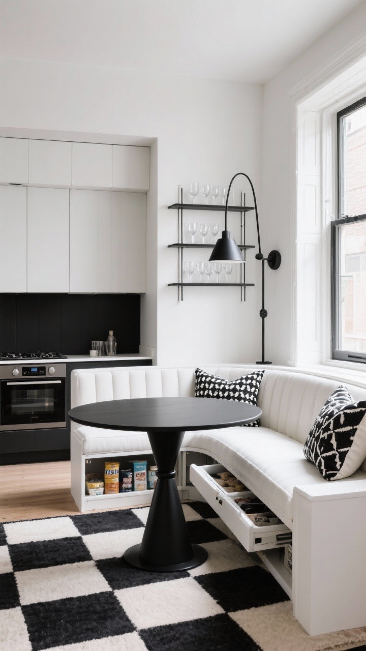 Wide shot of a dining nook integrated with the kitchen: U-shaped white banquette seating with lift-up bench seats open to reveal storage for bulk goods and appliances; black pedestal table and graphic monochrome cushions; kitchen beyond with white uppers, black lowers, and a checkerboard floor rug; slim stacked shelves by a window holding glassware; sculptural black sconce for drama; balanced, high-contrast lighting.
