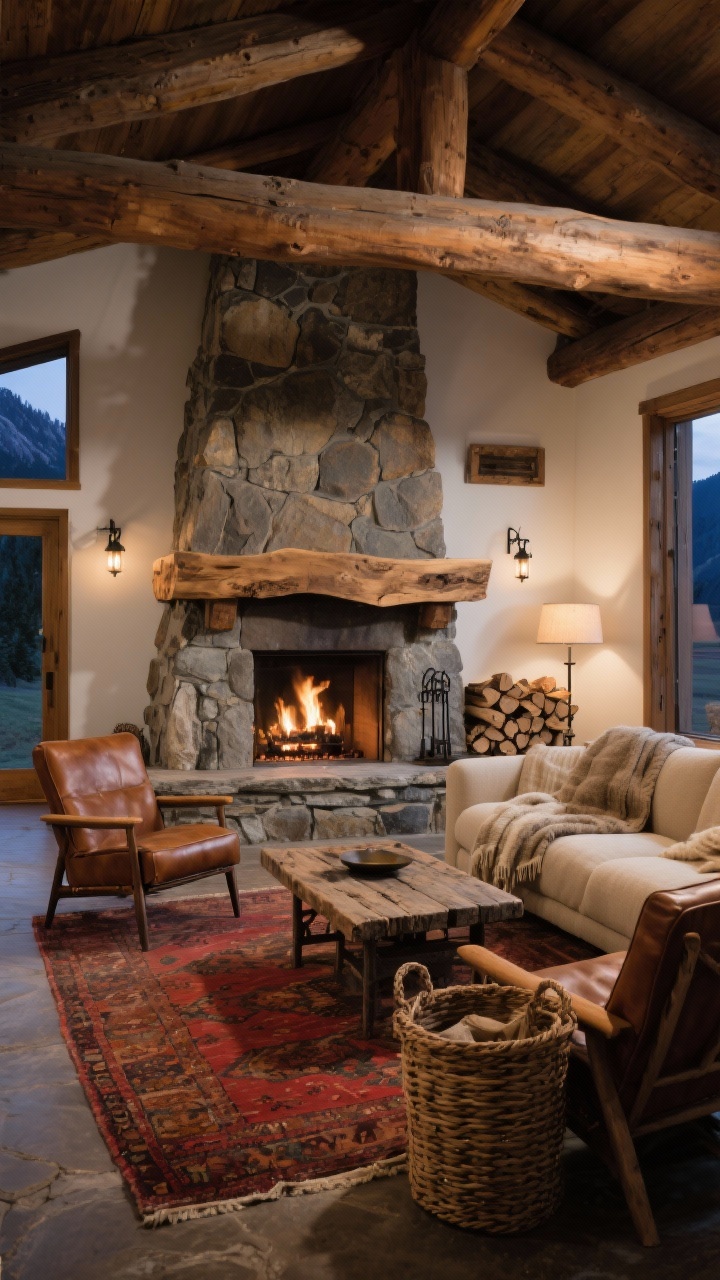 Wide shot of a mountain lodge living room centered on a floor-to-ceiling stone fireplace with a live-edge wood mantel, chunky exposed beams overhead, and a low-slung oatmeal linen sofa layered with wool throws; add two saddle-brown leather accent chairs, a distressed wood coffee table styled with iron sconces on the stone, a woven basket stacked with firewood, warm white walls, and a vintage rug with reds and rust; moody evening light with soft lamp glow, photorealistic.