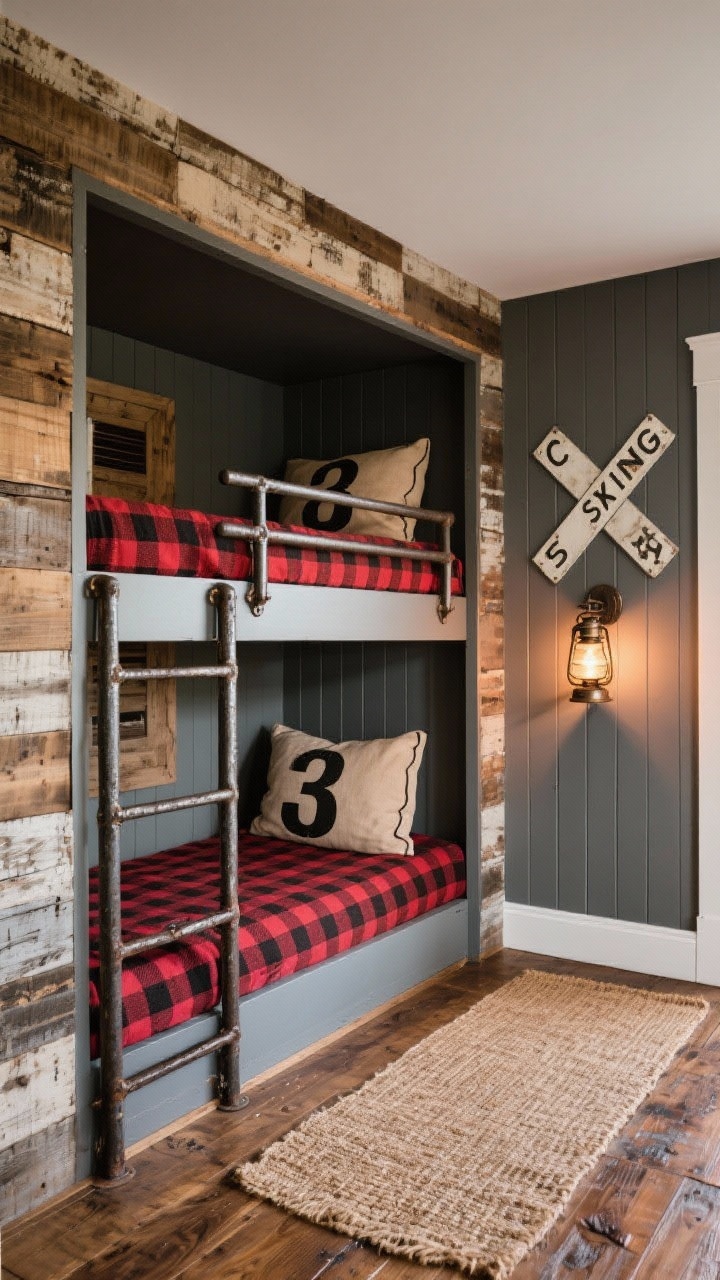 Wide shot of a railroad-inspired bunk room built into a niche: built-in bunks with thick iron rungs and a steel guardrail, walls mixing weathered wood planks and iron-gray paneling, bunks dressed in red-and-black plaid with canvas pillows stamped with numbers, railroad crossing sign on the wall, vintage lantern, hand-scraped wood floor with a jute runner; warm ambient lighting, corner perspective.
