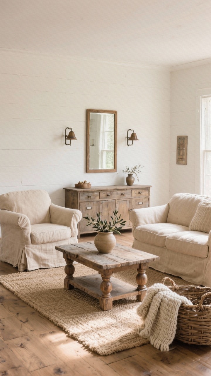 Wide shot of a serene farmhouse living room in oatmeal and ivory tones: two slipcovered linen sofas in warm oatmeal facing a weathered oak coffee table with chunky turned legs, creamy off-white walls, wide-plank oak floors with a jute area rug, a vintage-style apothecary cabinet used as a media console, hand-rubbed aged bronze metal sconces flanking a simple wood-framed mirror, a basket of chunky knit throws, and a ceramic crock with dried olive branches; natural afternoon light, photorealistic.