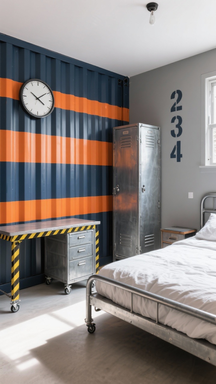Wide shot of a shipping-container-inspired bedroom with corrugated-look wall panels featuring horizontal bands of navy, safety orange, and asphalt gray, metal-frame bed, galvanized steel locker wardrobe, rolling workbench-style desk with caster wheels, hazard-stripe tape accents on edges, industrial clock on the wall, stenciled numbers on drawers; bright, high-contrast lighting, slight low-angle perspective.