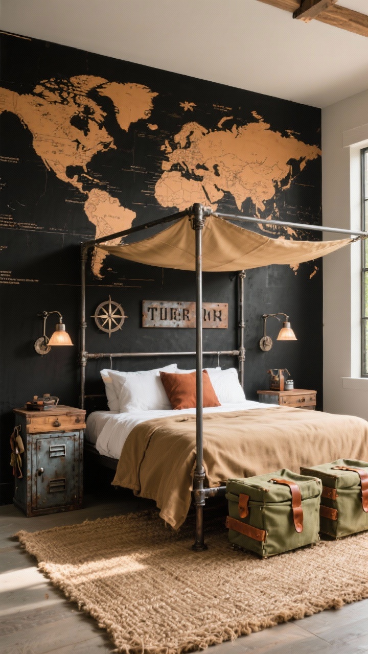 Wide shot of a steel-and-canvas explorer bedroom: giant black-and-tan world map mural behind a steel canopy bed draped with canvas, stacked wooden crates as nightstands, earthy palette of tan, black, olive, and rust, industrial swing-arm sconces on either side, sisal rug, canvas storage bins with leather pulls under the bed, weathered metal locker for gear, compass art and metal nameplate letters; warm afternoon light, corner perspective.