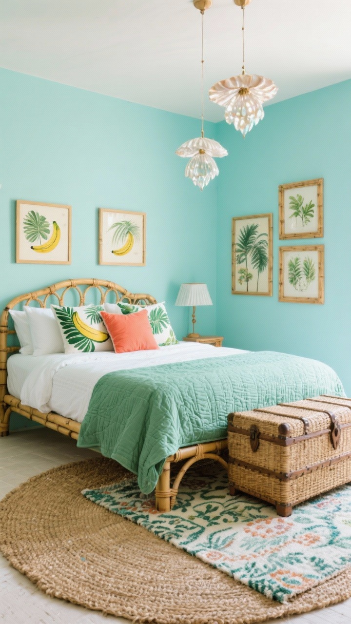 Wide shot of a tropical breeze bedroom with pale aqua walls, a rattan/bamboo bed frame, crisp white bedding accented by banana leaf-print pillows and a sage green quilt; a woven trunk at the foot of the bed, layered rugs with a large sisal base and a smaller patterned dhurrie on top; capiz shell pendants casting a shimmery glow; pops of coral or papaya in a pillow or art, and vintage tropical botanical prints in bamboo frames; bright, vacation-mode ambiance.