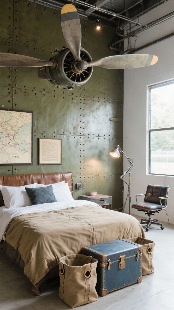 Wide shot of an airfield hangar-themed room: rivet-detail wall panels, vintage propeller over the bed, framed flight maps, canvas-and-leather bed with a low metal trunk at the foot, palette of olive, sand, and slate blue, metal-and-leather swivel task chair, spotlight floor lamp reminiscent of tarmac lighting, canvas bins with grommet pulls; soft daylight with focused spotlight accents, corner angle.